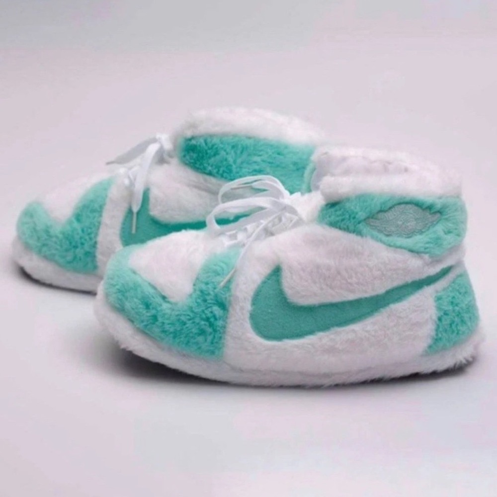 Fuzzy High Top Sneaker Plush House Slippers Teal White One Size Nike air jordn